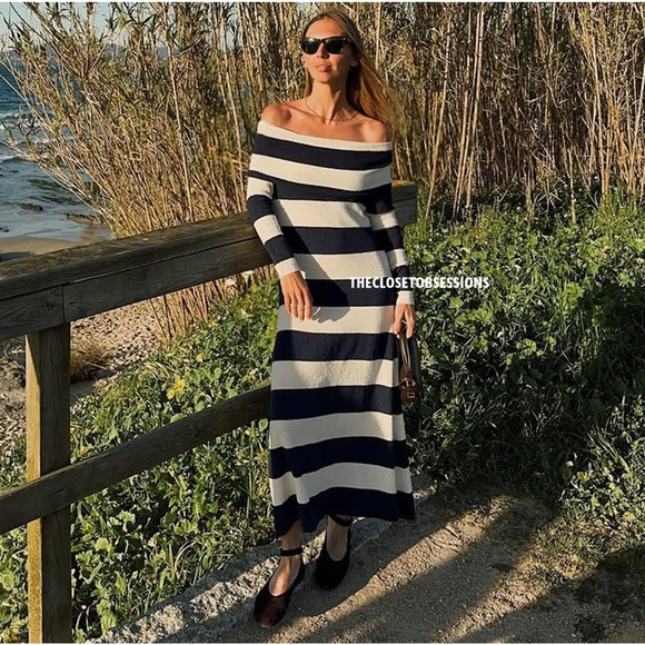 ZARA Striped Knit Off Shoulder Midi Dress NWT Size M - Picture 9 of 16